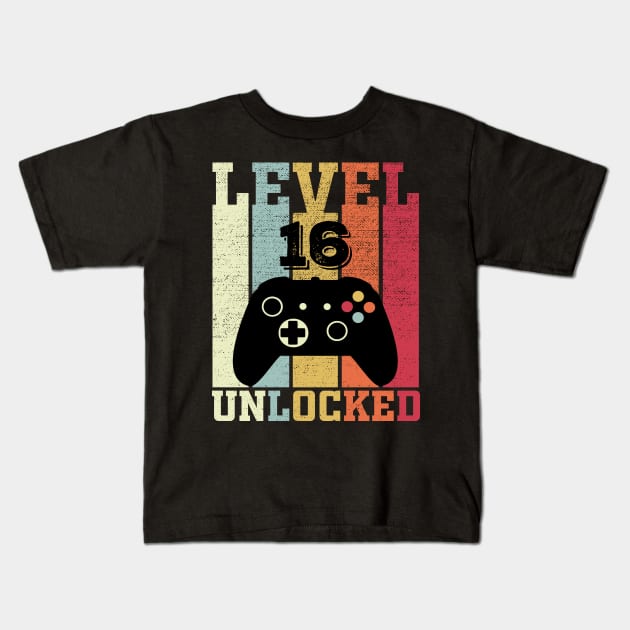 Level 16 Unlocked Funny Video Gamer 16th Birthday Gift Kids T-Shirt by DragonTees